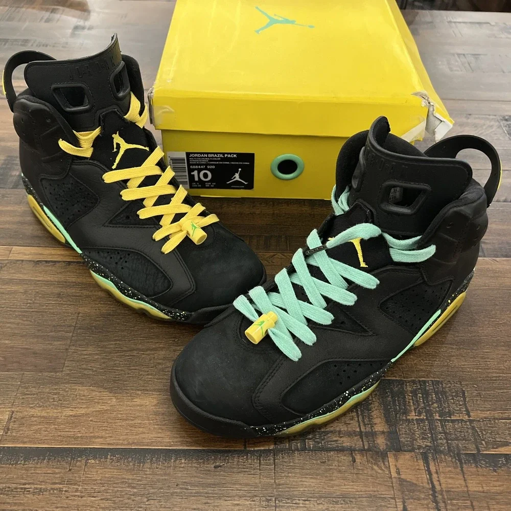 Men's Size 10 Air Jordan 6 Retro Brazil Pack Black Yellow Green